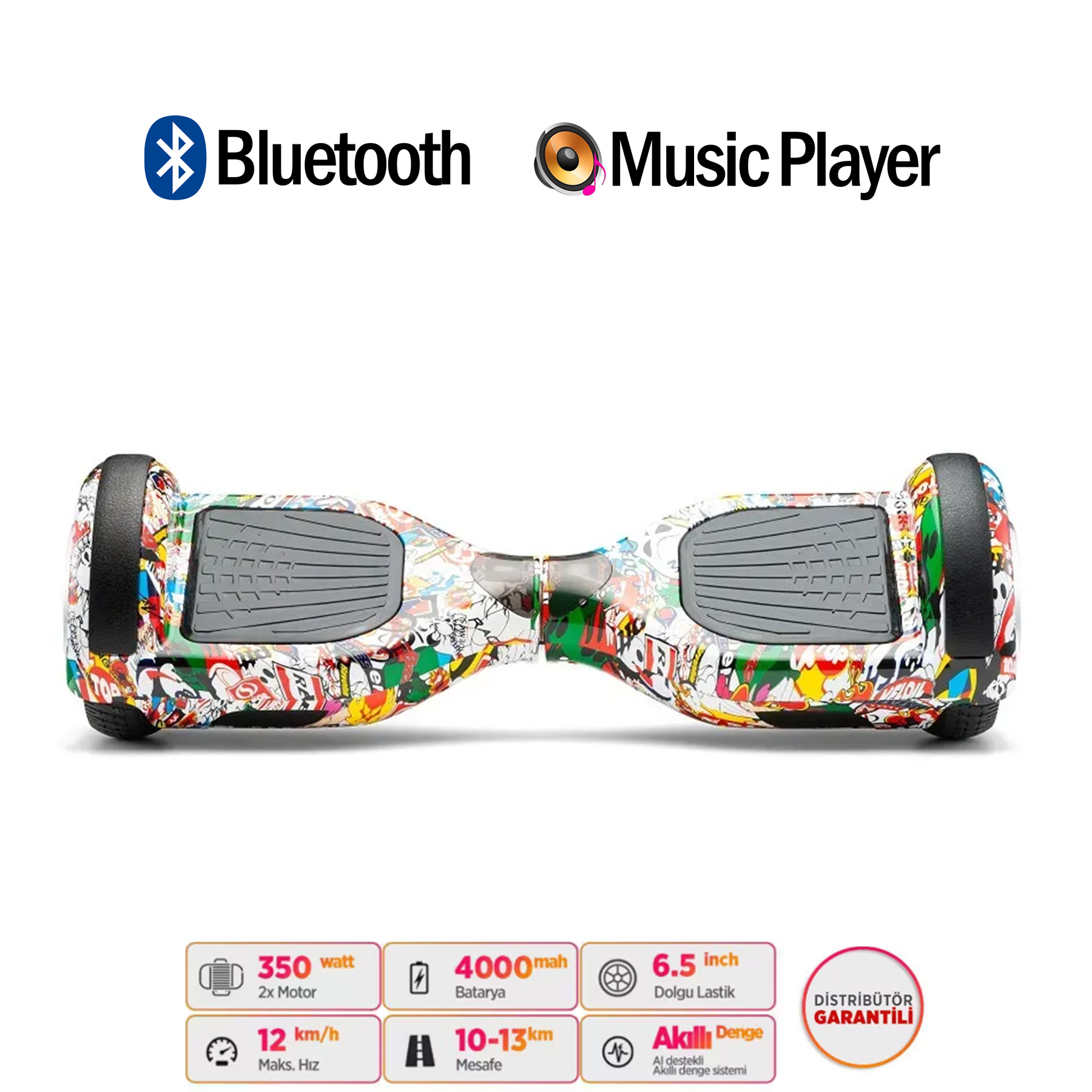 Renkli hoverboard, Bluetooth ve müzik çalar simgeleri, özellikler: 350W, 4000mAh.