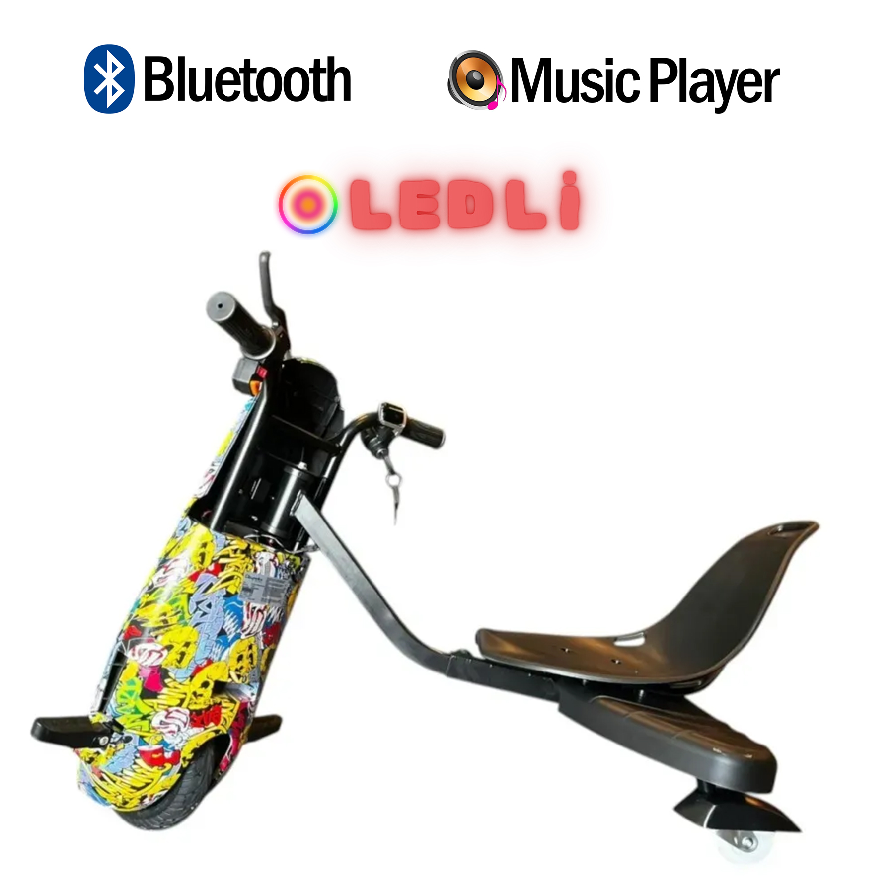 Renkli grafiti tarzı kaplamalı siyah elektrikli drift scooter ve LEDLi logosu.