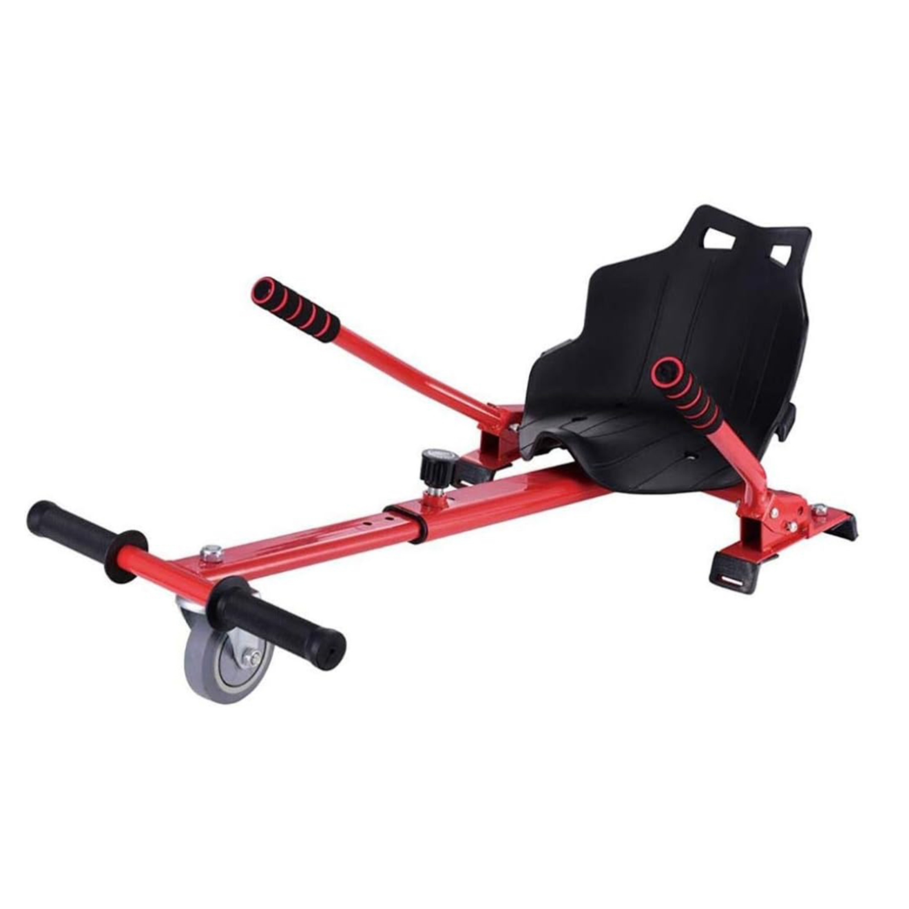 Siyah koltuklu ve gidonlu kırmızı hoverboard go-kart aparatı.