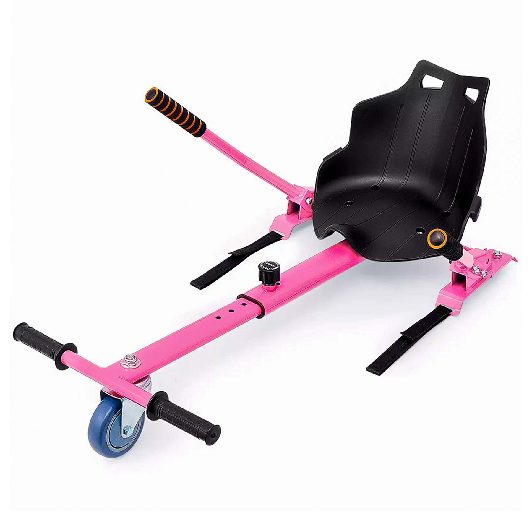 Siyah oturma yeri, gidonları ve bir tekerleği olan pembe hoverboard aparatı.