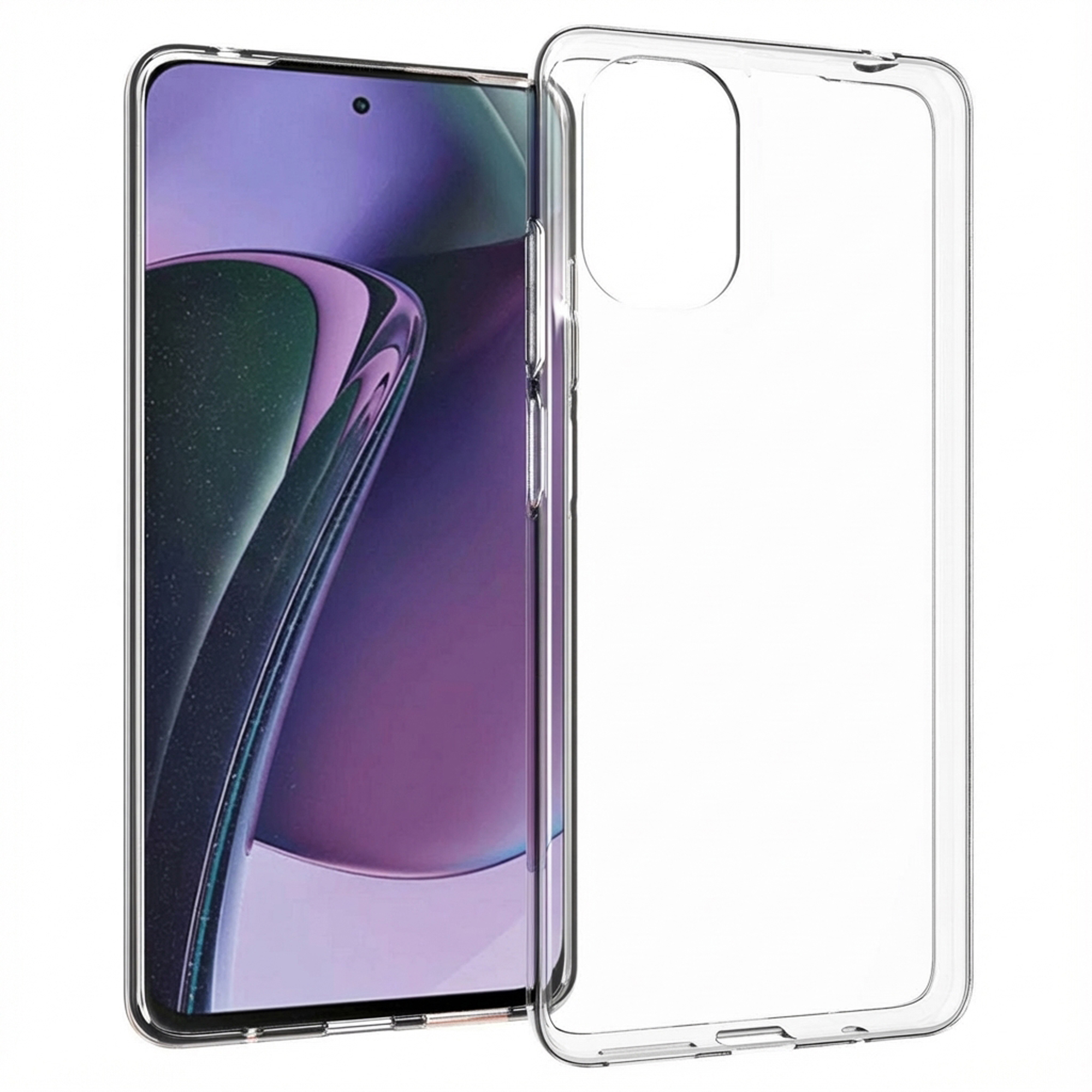 Une coque de téléphone transparente à côté d'un smartphone avec fond violet.