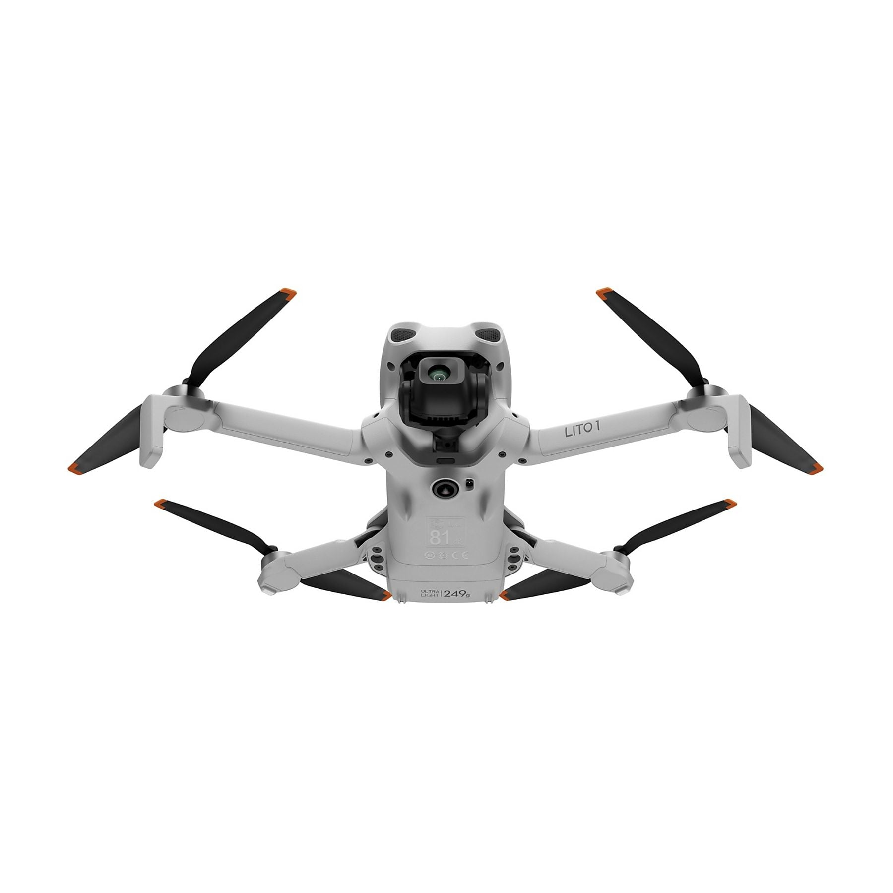 Un dron blanco con cuatro hélices negras y puntas naranjas.