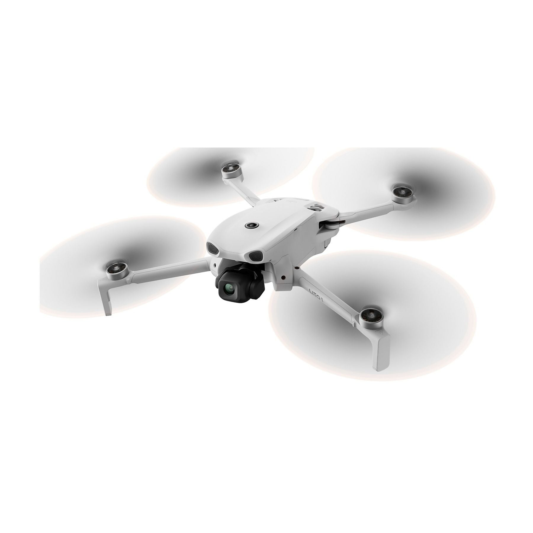 Un dron blanco con cuatro hélices flota sobre un fondo blanco.