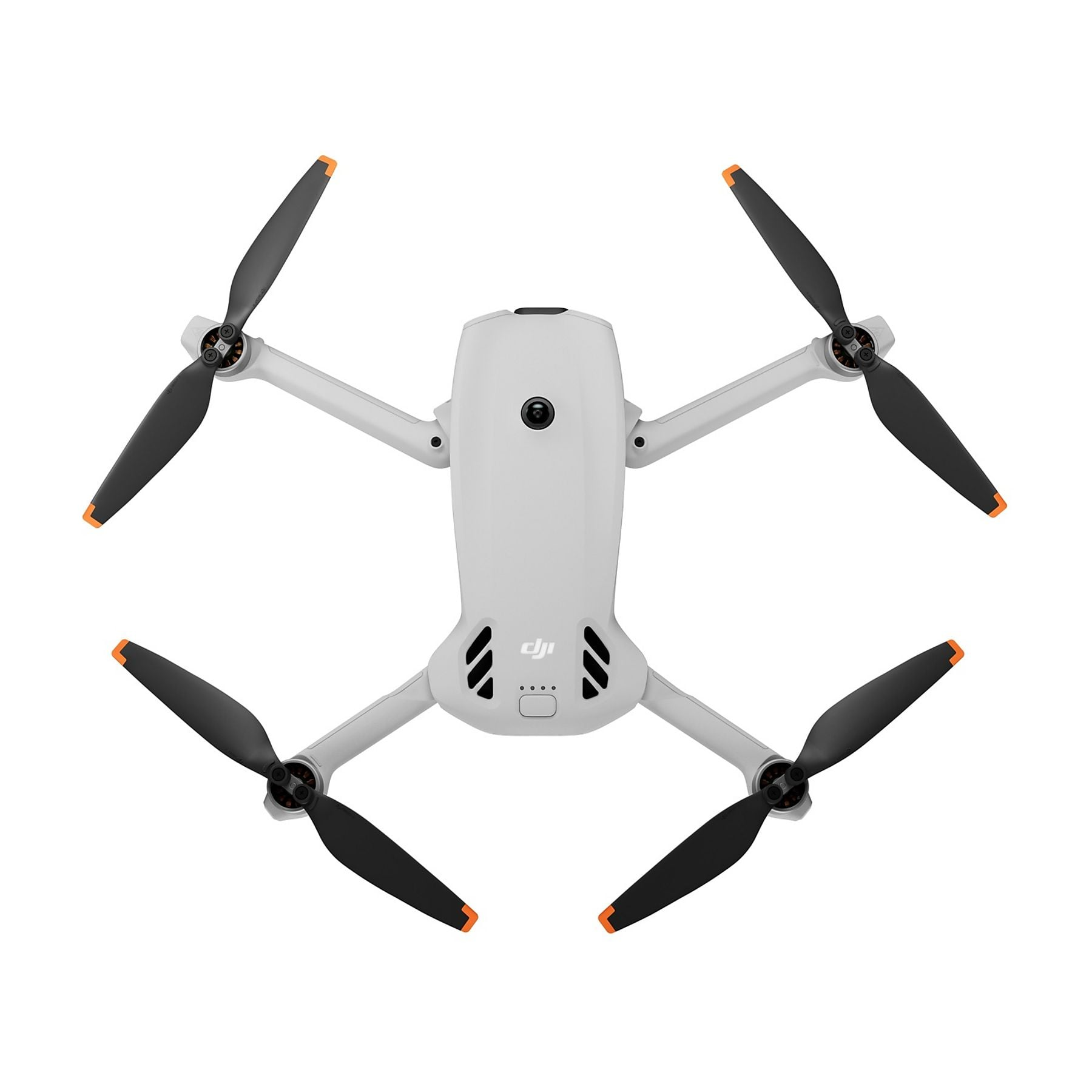 Un dron DJI Mini blanco con hélices negras de puntas naranjas.