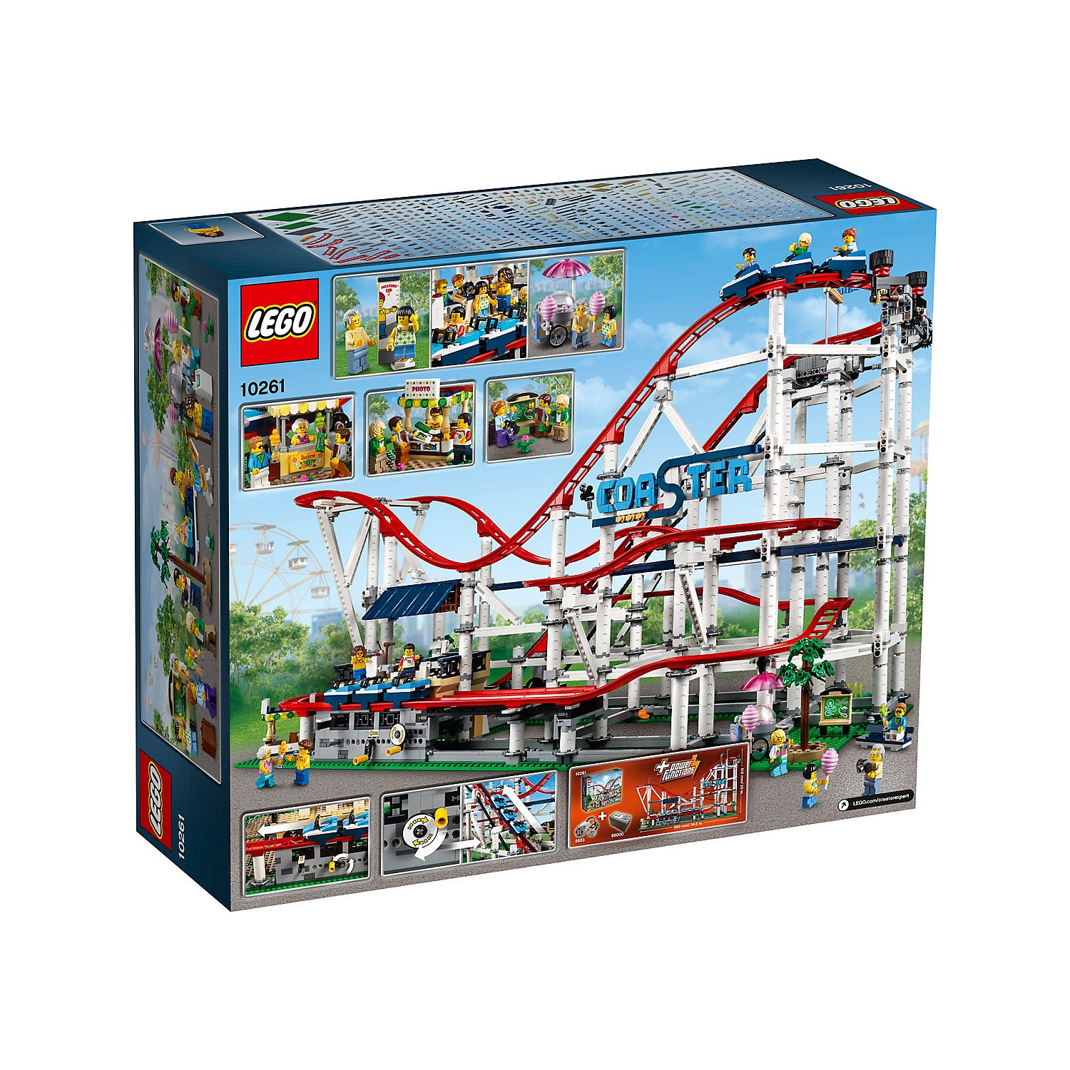 LEGO roller coaster set with riders on tracks, stalls, and amusement rides.