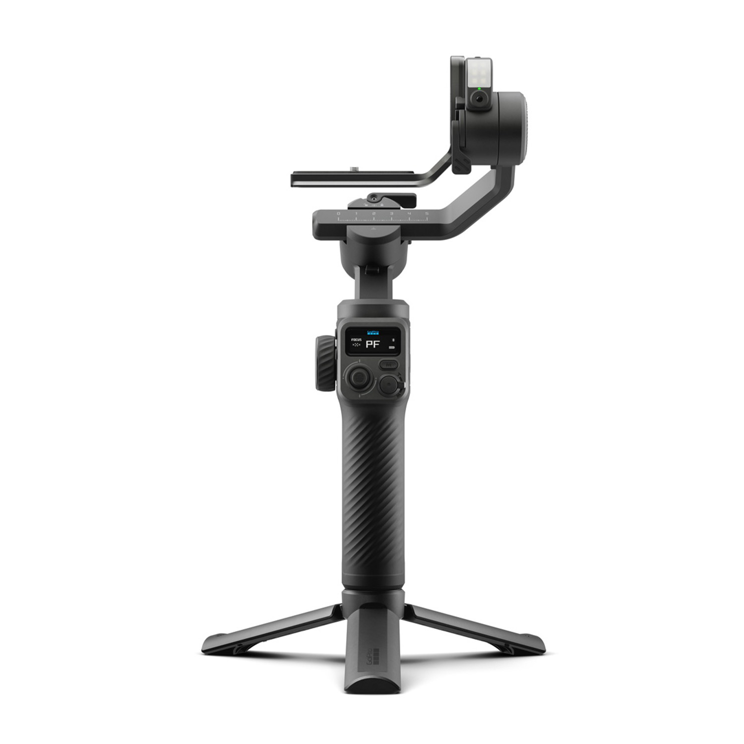 Ein schwarzer Gimbal mit ausklappbarem Stativ, weißem Hintergrund.
