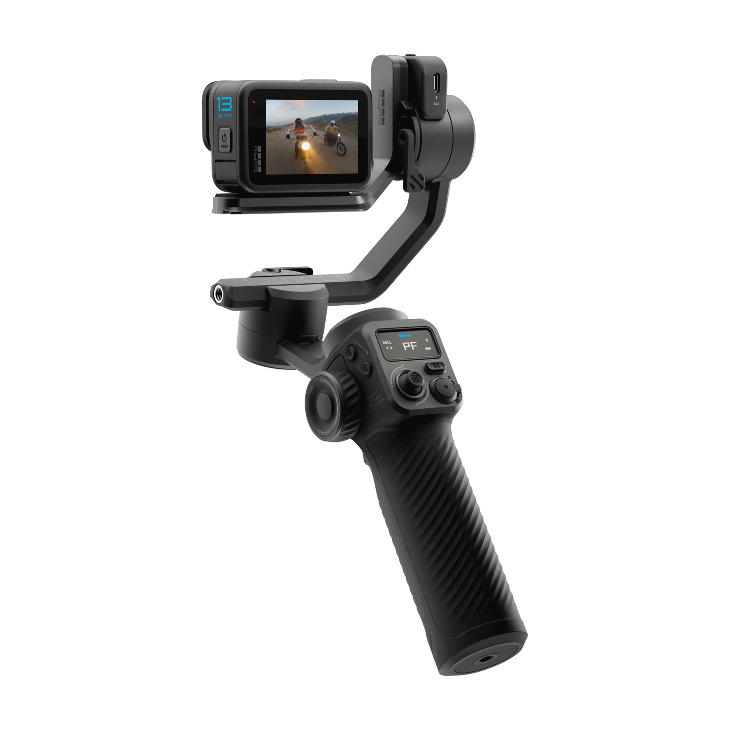 Ein schwarzer Gimbal-Stabilisator mit einer GoPro-Kamera, die Motorradfahrer zeigt.