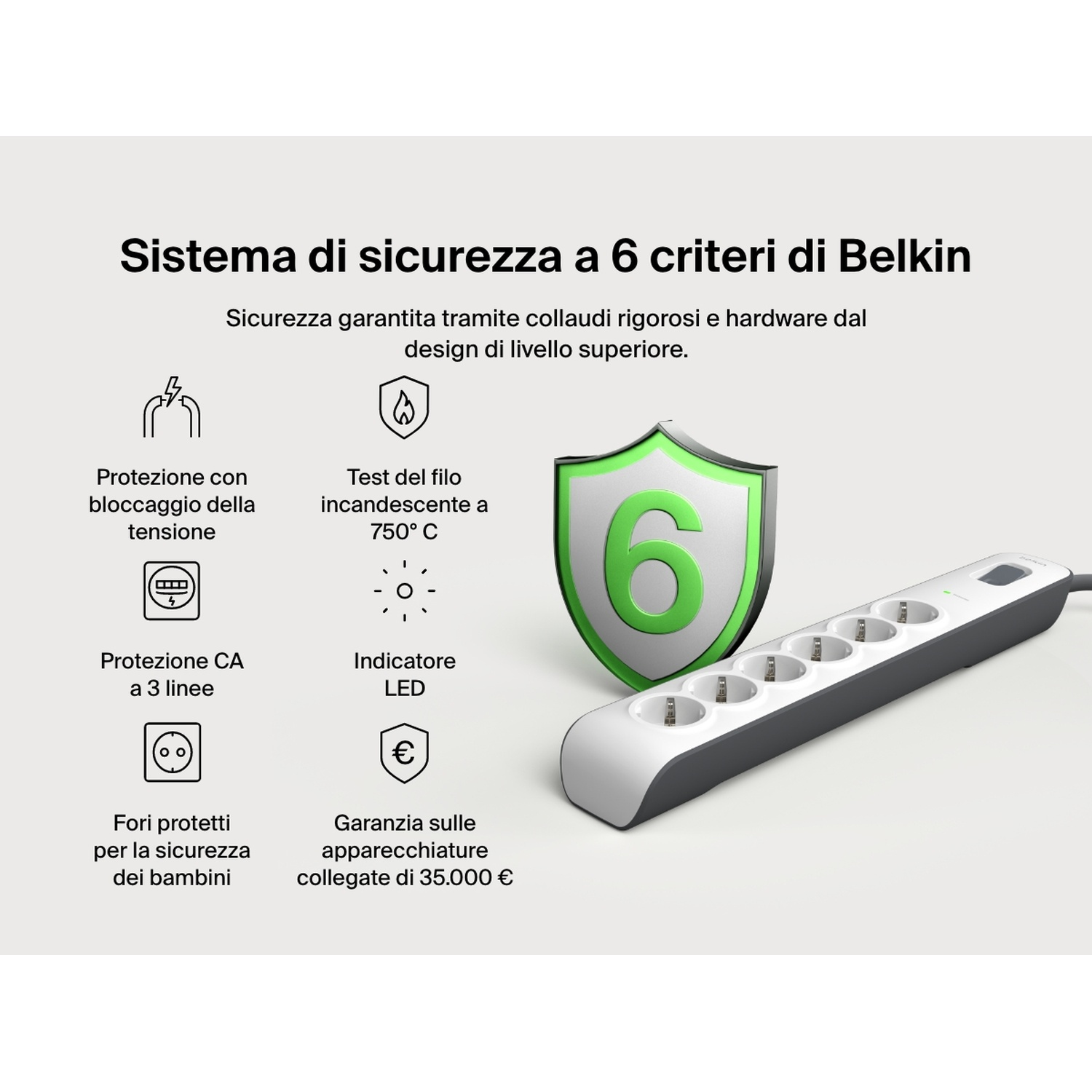 Sistema di sicurezza Belkin a 6 criteri con multipresa e protezione bambini.