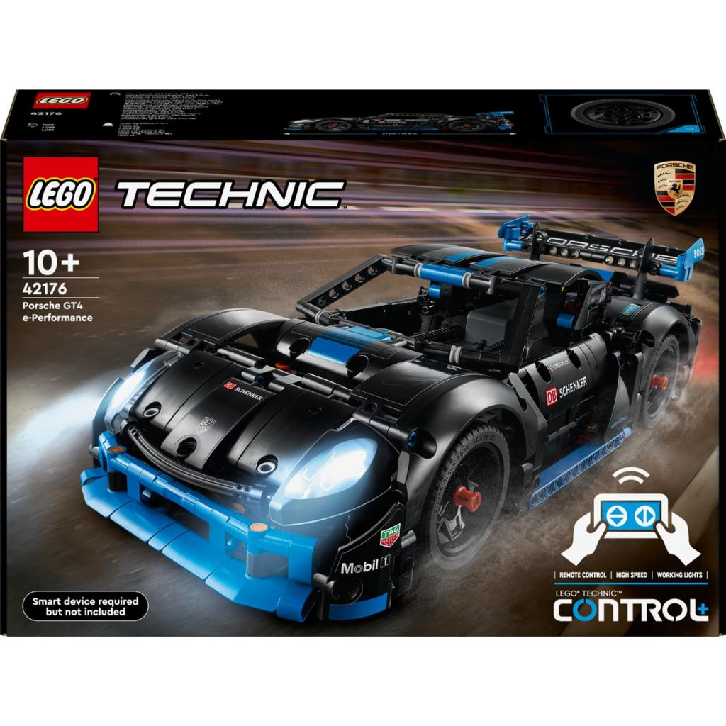 Lego Technic Porsche GT4: ışıklı siyah ve mavi uzaktan kumandalı araba.