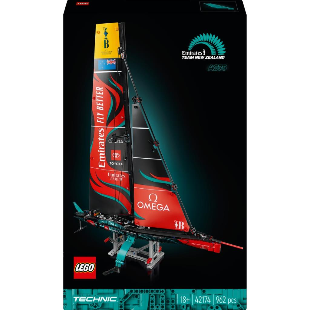 Kırmızı, siyah ve turkuaz öğelere sahip Emirates Team New Zealand AC75 yarış botunun Lego modeli.