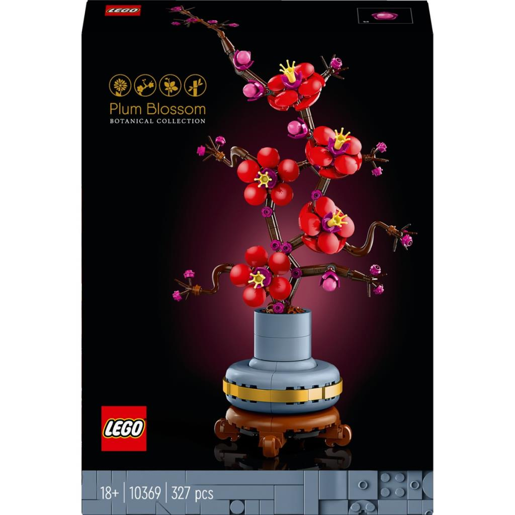 LEGO seti: Mavi saksıda ve ahşap stant üzerinde kırmızı erik çiçeği bonsai.