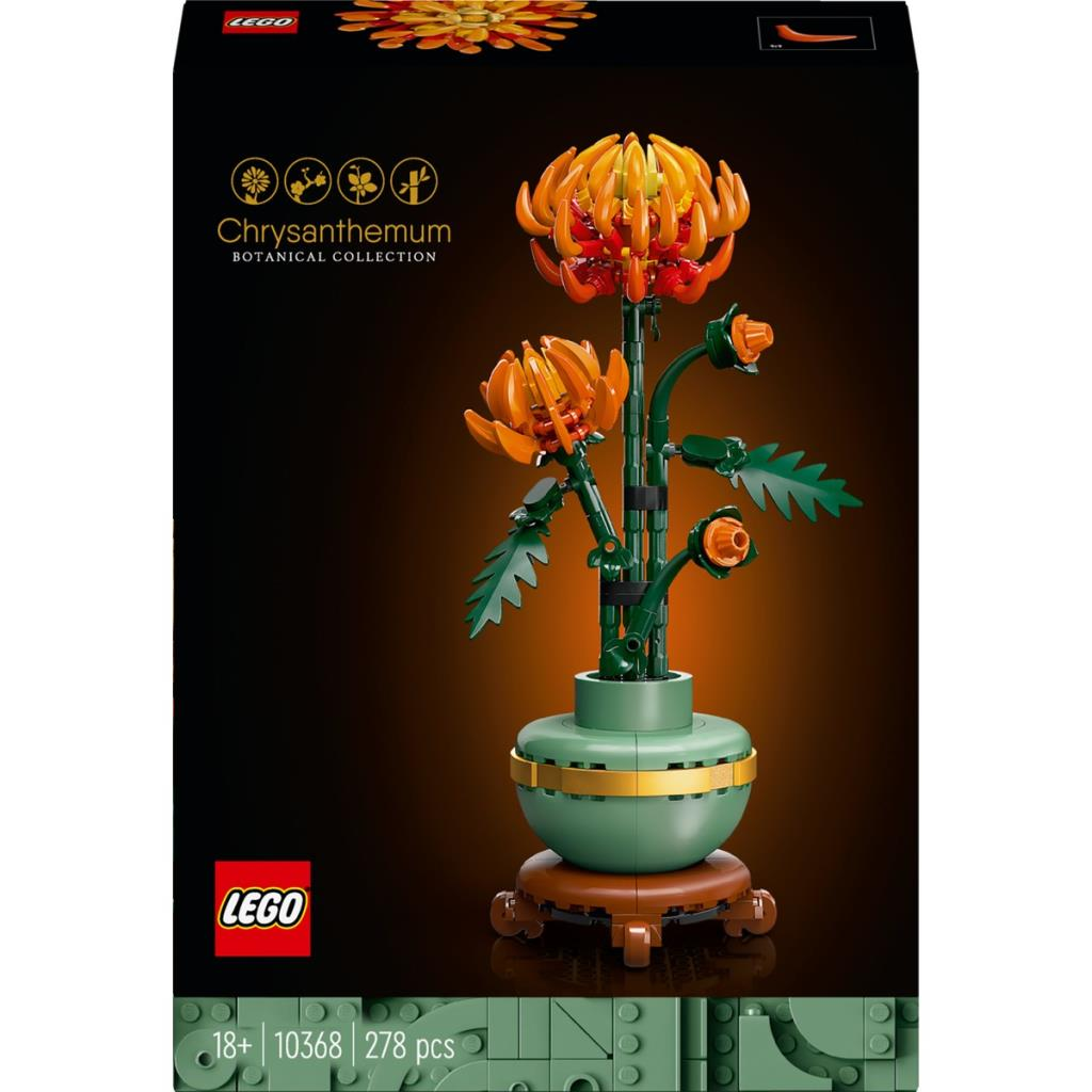 LEGO Kasımpatı seti, yeşil saksıda turuncu çiçekler, kahverengi stant üzerinde.