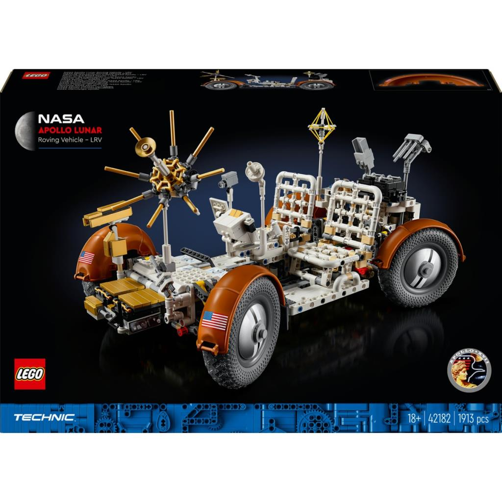 Kahverengi çamurluklu ve tekerlekli LEGO NASA Apollo Lunar Roving Vehicle modeli.