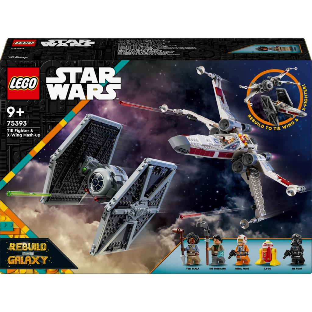 Lego Star Wars TIE Fighter & X-Wing Mash-up kutu sanatı, uzay gemileri ve minfigürler.