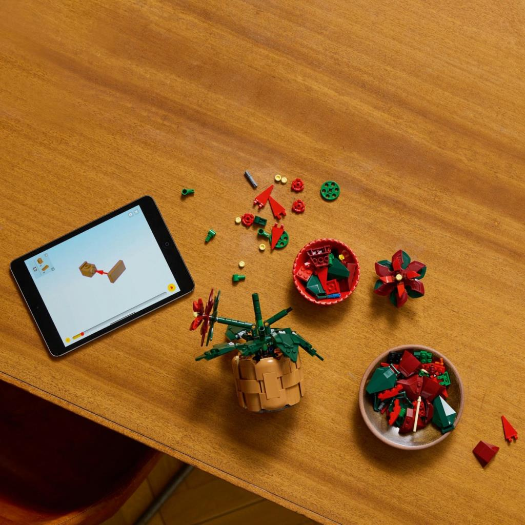 Tablet, LEGO parçaları, saksıdaki bitki ve parçalı kaselerin yanında yapım talimatlarını gösteriyor.
