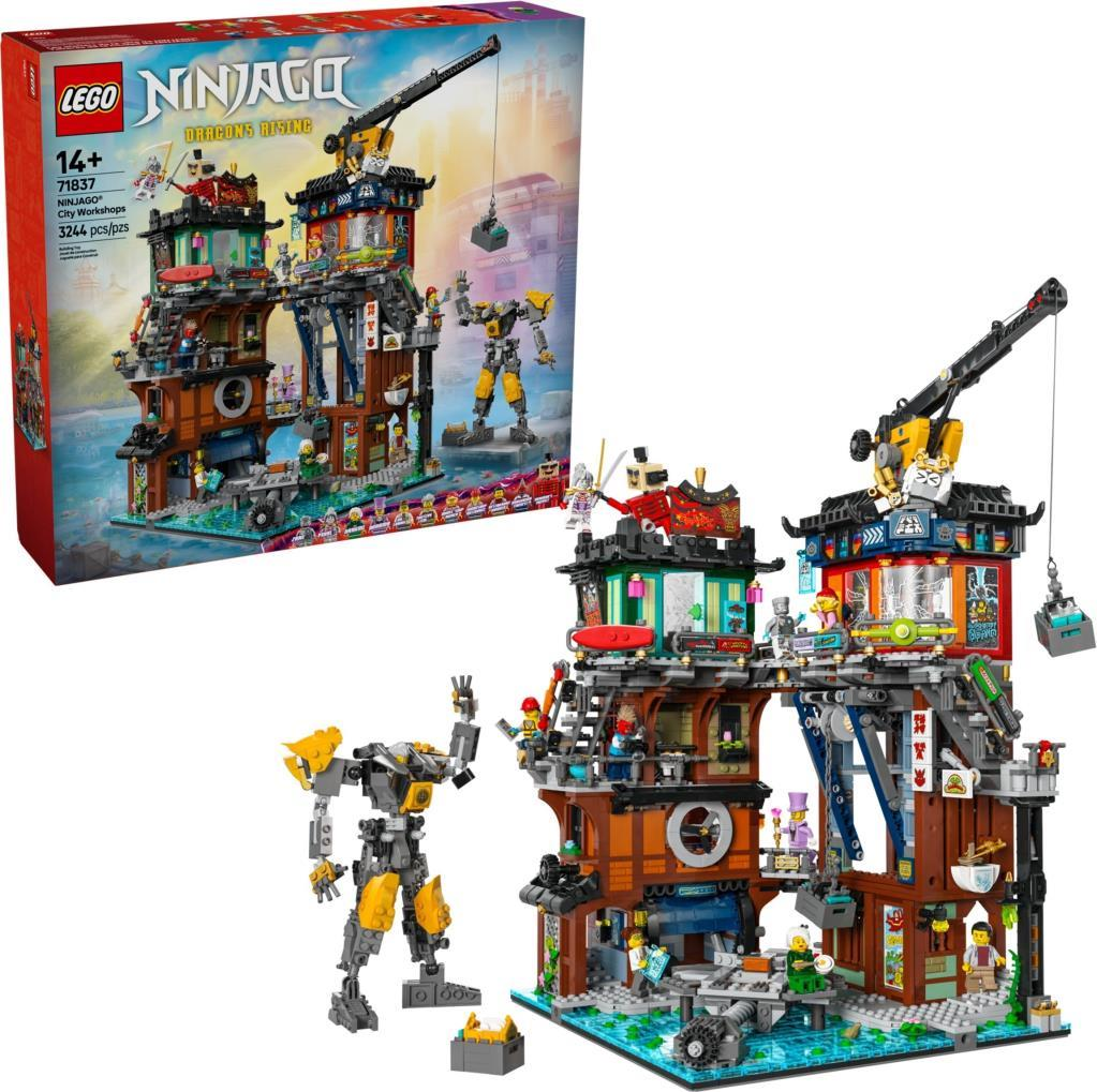 Su üzerinde mech ve şehir atölyeleri içeren LEGO Ninjago seti.