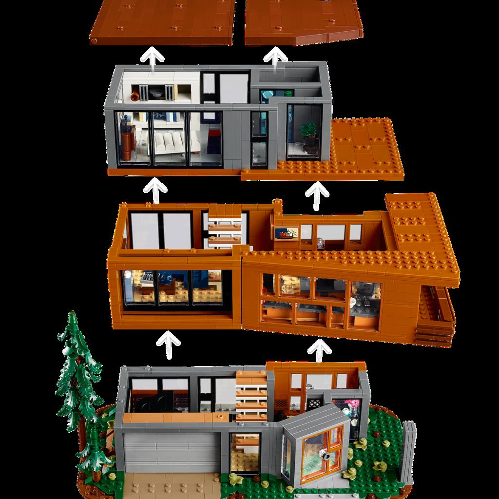 Modüler bir LEGO evin birden çok katı, yukarıdan aşağıya.