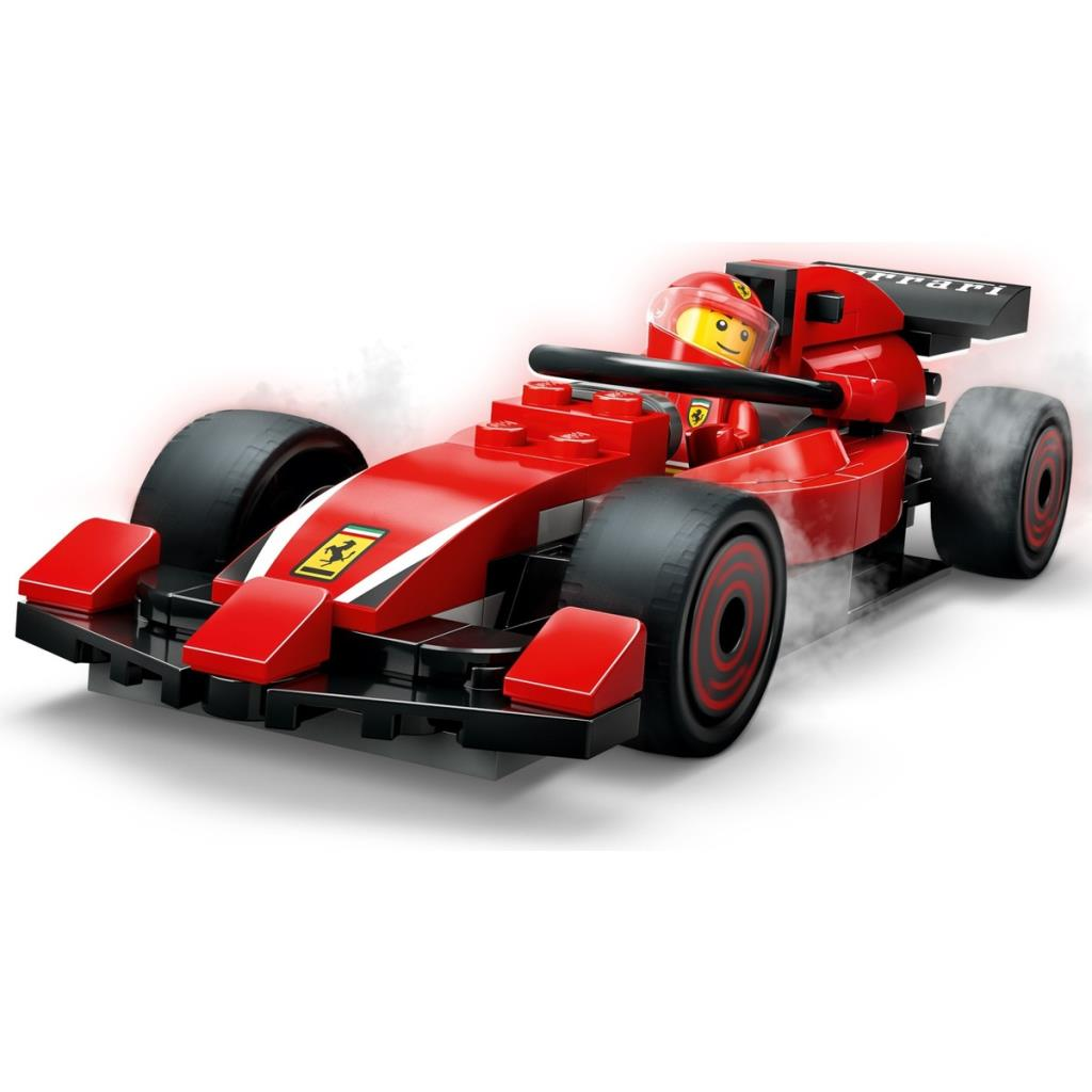 Ein roter Lego-Formel-1-Rennwagen mit Fahrer und Rauch.