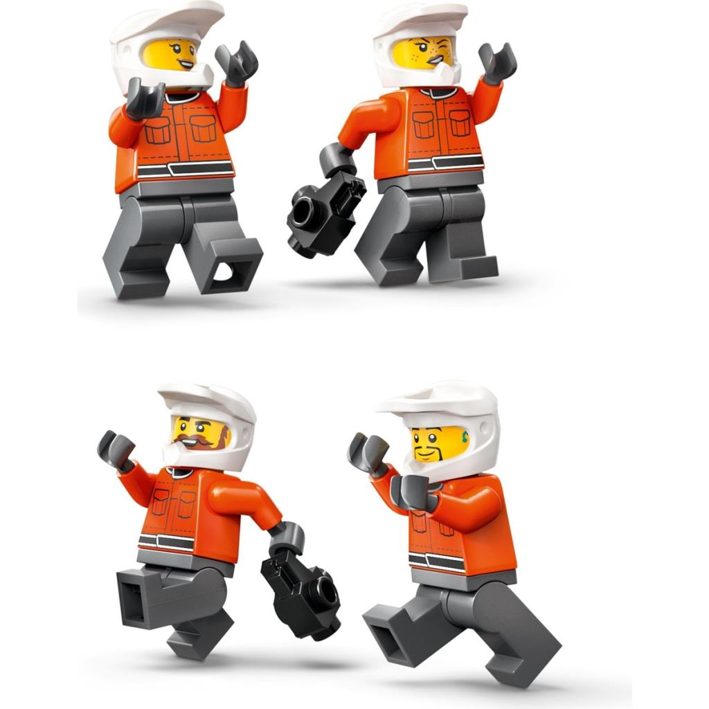 Vier Lego-Figuren in orangefarbenen Jacken und weißen Helmen mit Werkzeugen.