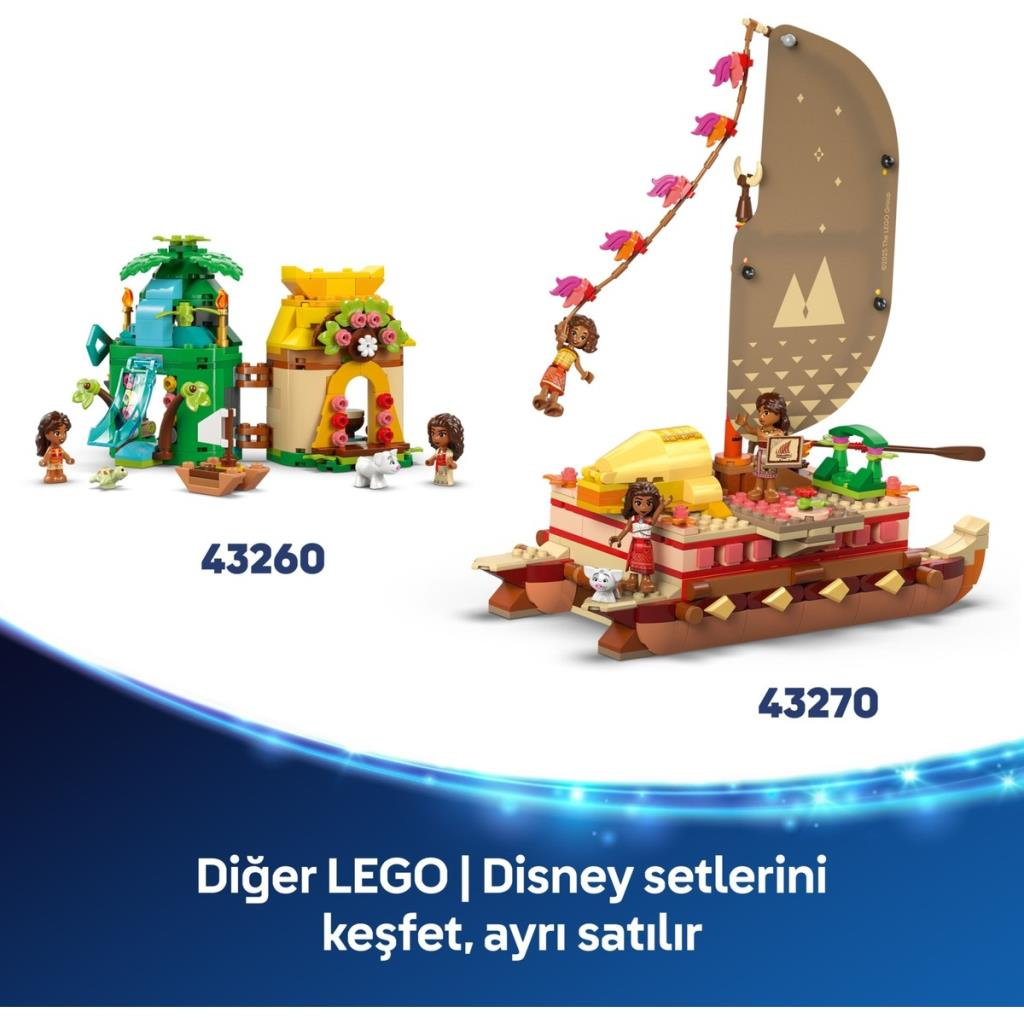 İki LEGO Disney seti: orman evi ve figürlü yelkenli tekne.