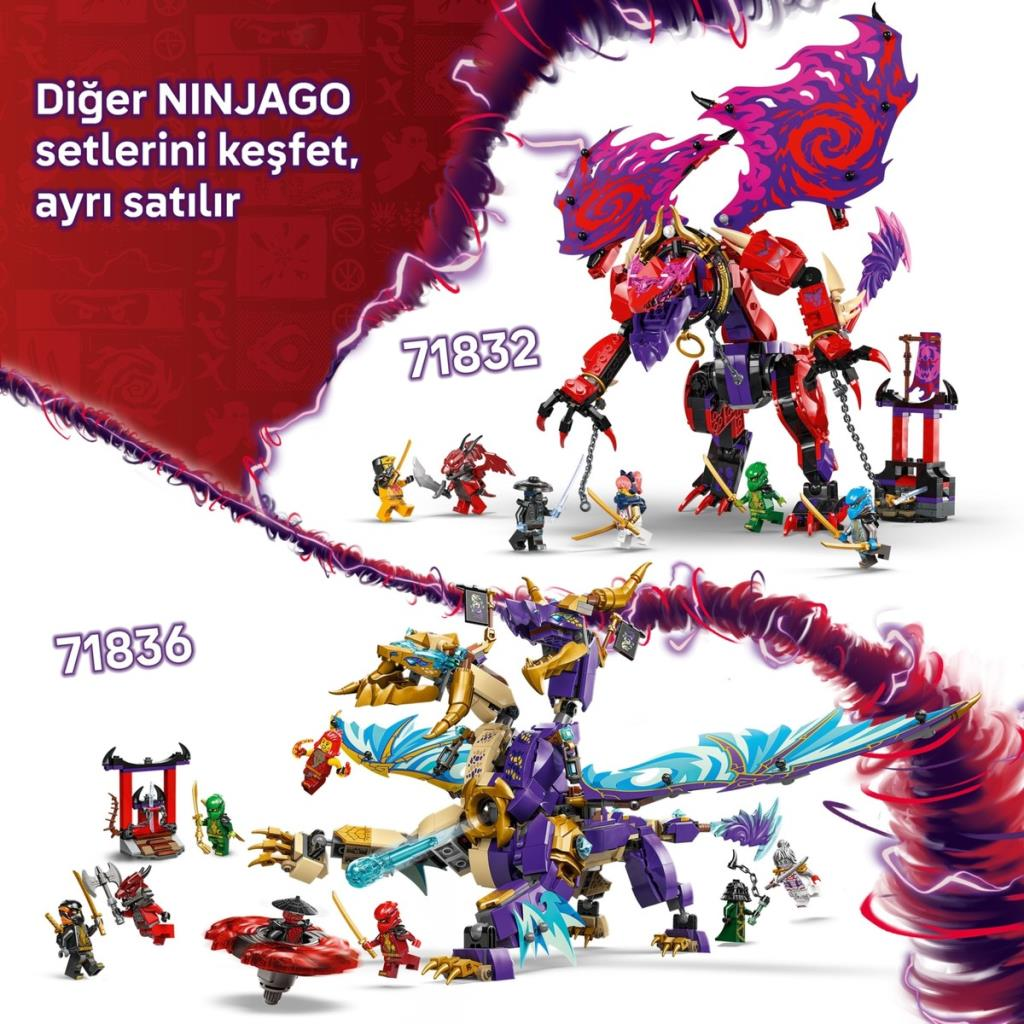Ejderhalar ve minifigürler içeren iki Lego Ninjago seti. Üstte 71832, altta 71836 seti.