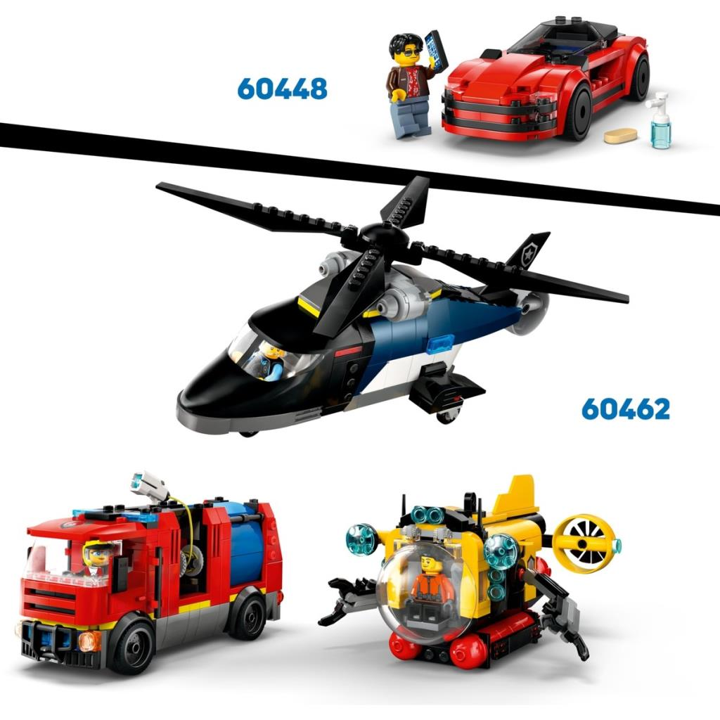 Lego oyuncakları: kırmızı araba, helikopter, itfaiye aracı, sarı denizaltı.