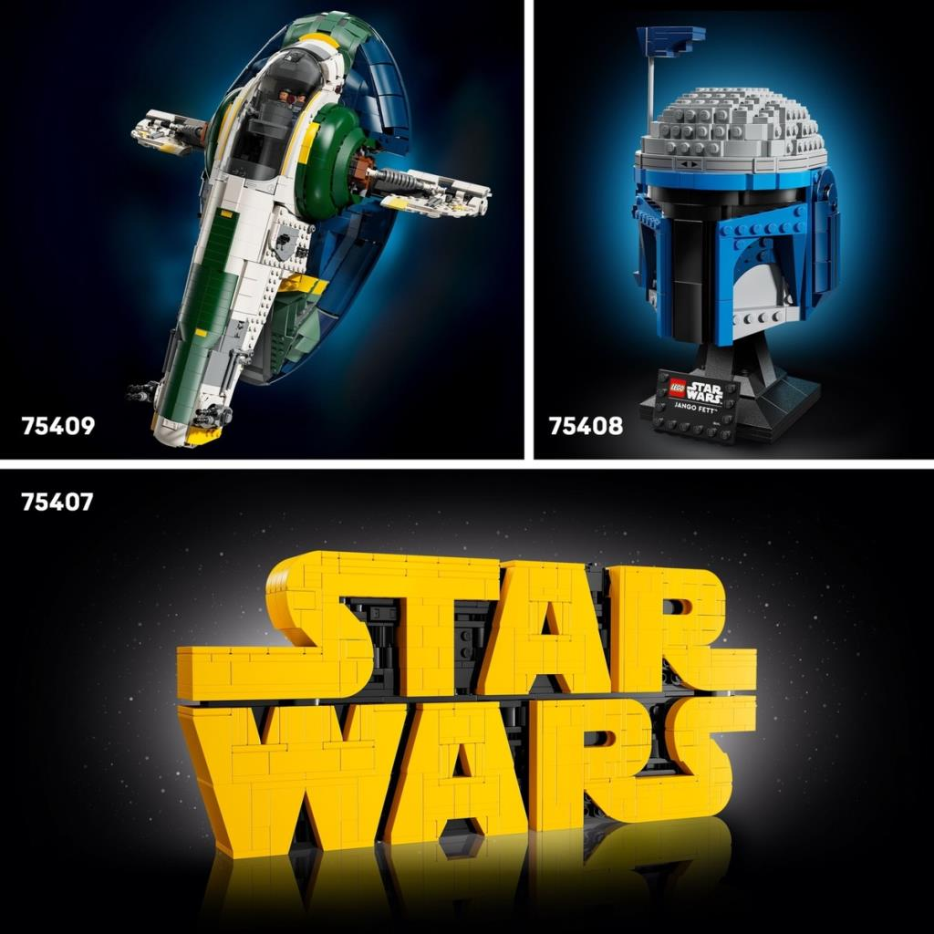 Üç Star Wars LEGO seti: yeşil ve beyaz bir uzay gemisi, mavi ve gri bir kask ile sarı bir Star Wars logosu.