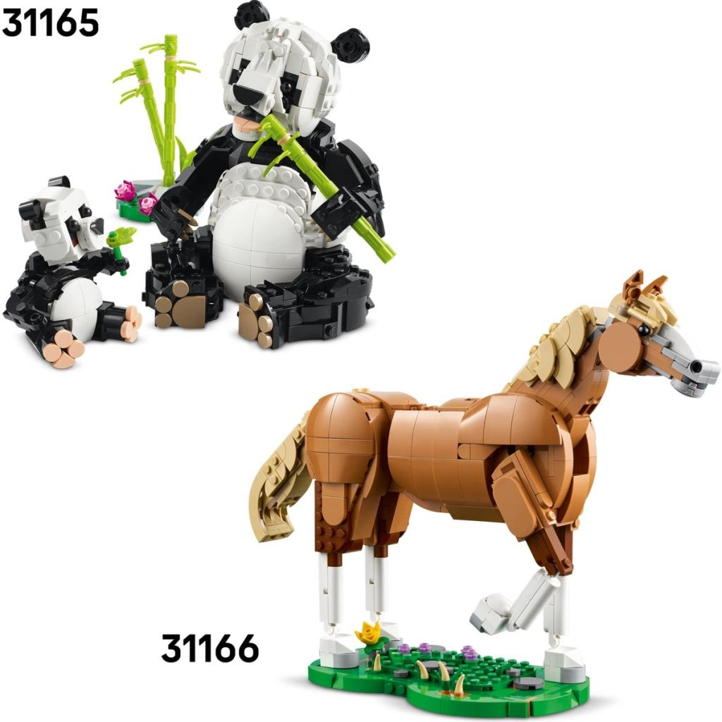 İki Lego yapımı: bambulu pandalar ve yeşil tabanda kahverengi at.