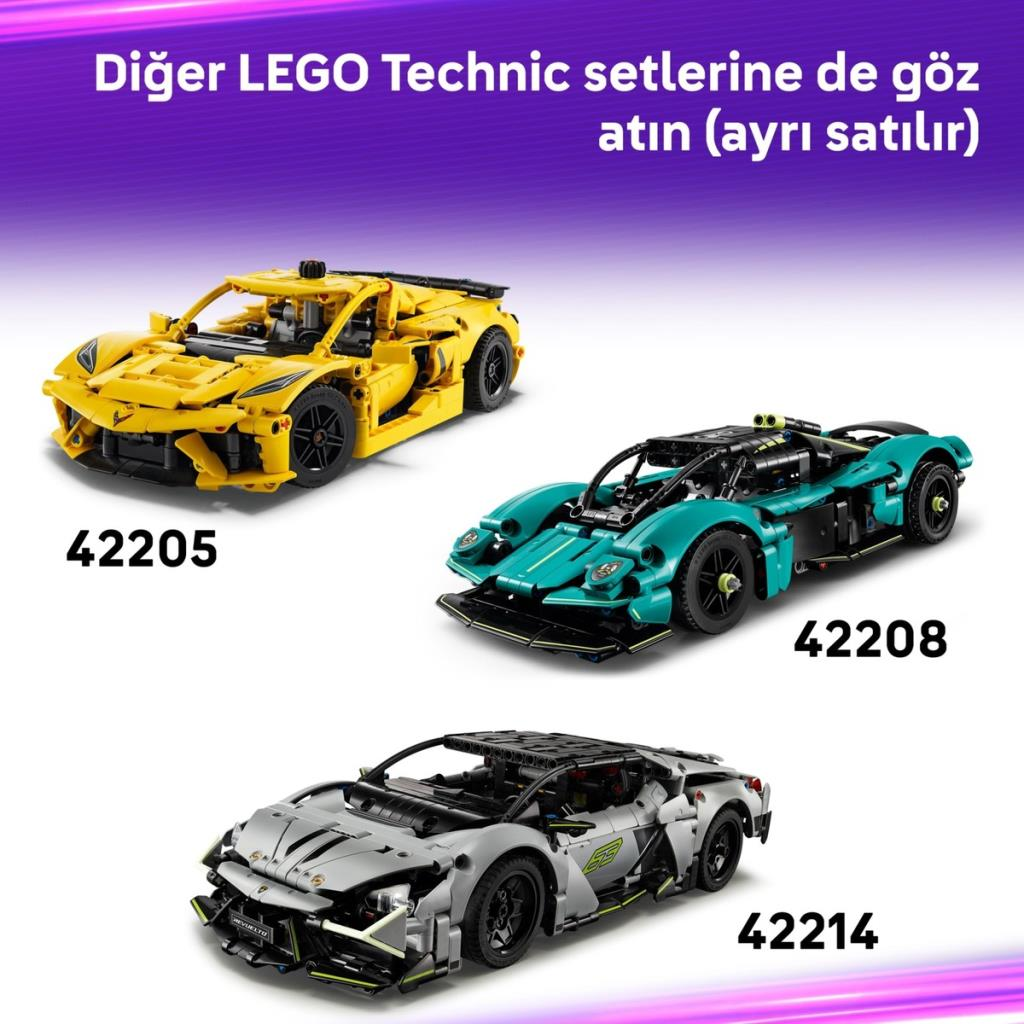 Üç LEGO Technic yarış arabası: sarı (42205), turkuaz (42208), gri (42214).