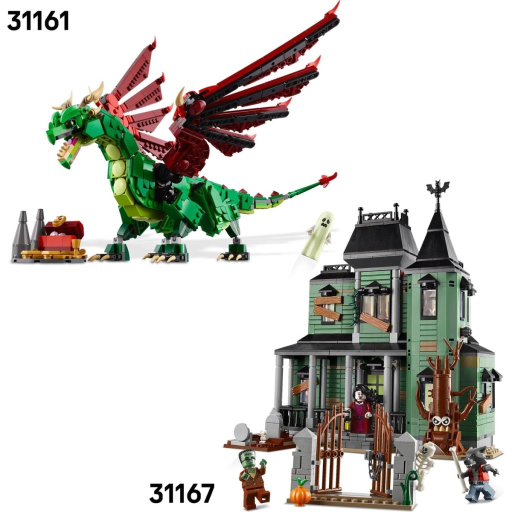 Kırmızı kanatlı yeşil ejderha ve figürlü perili ev. Lego setleri 31161 & 31167.
