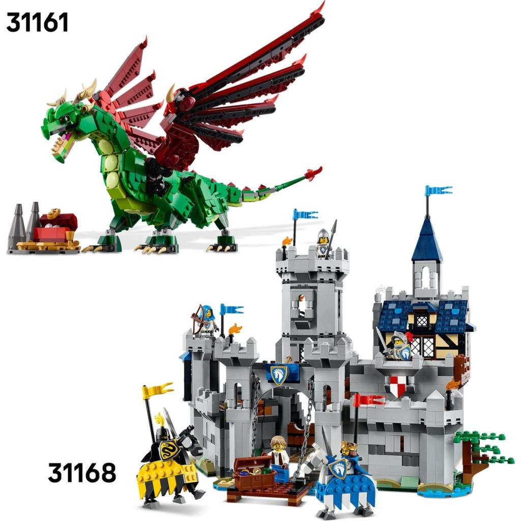 Kırmızı kanatlı yeşil Lego ejderhası, şövalyeli bir Lego kalenin yanında.