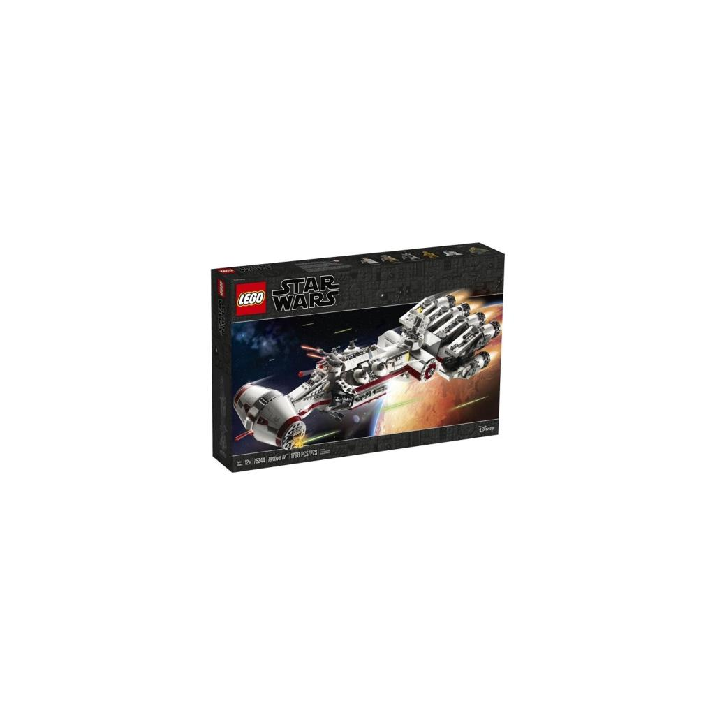 Pudełko Lego Star Wars z białym statkiem kosmicznym z czerwonymi akcentami na tle gwiazd.