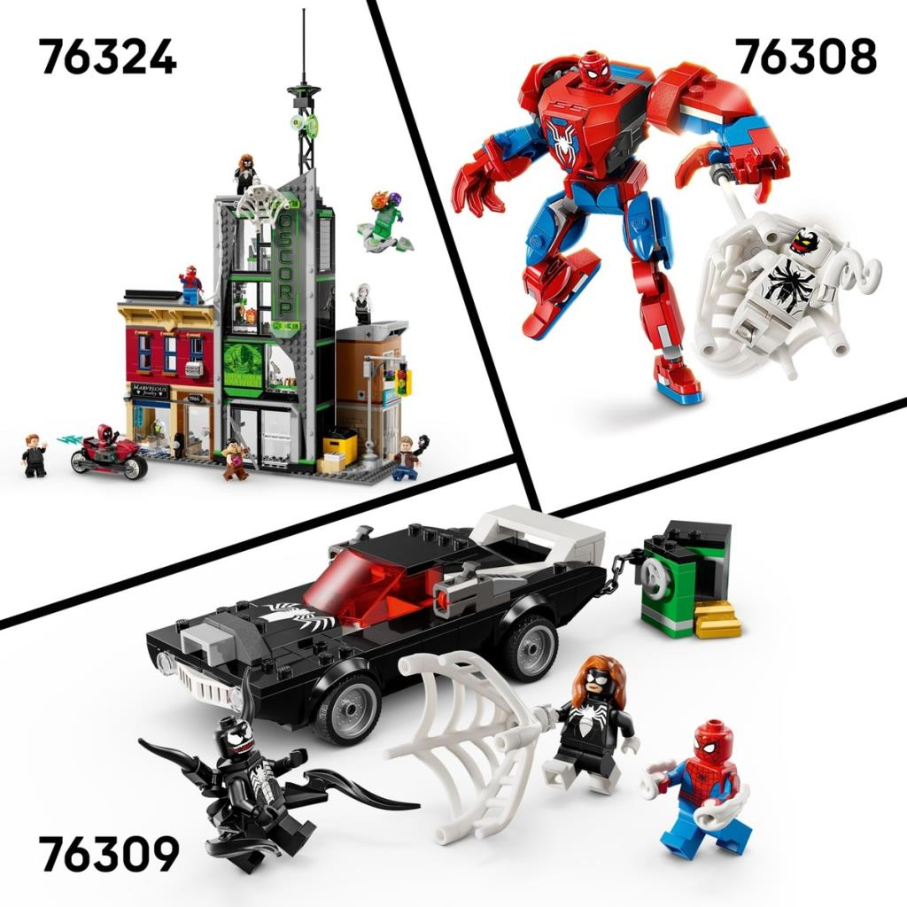 Üç Lego Marvel seti: Oscorp kulesi, Venom'lu Örümcek Adam robotu ve minifigürlü siyah bir araba.