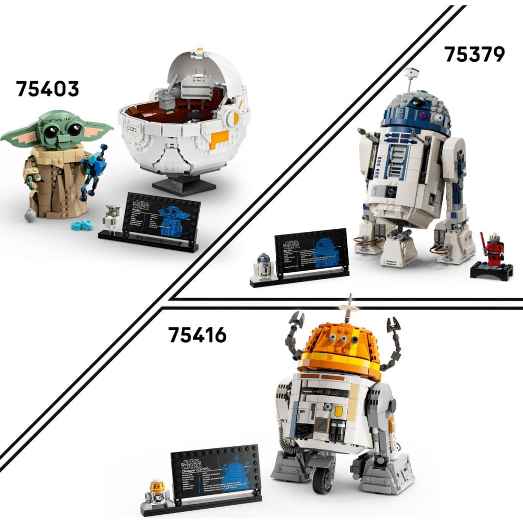 Üç Lego Star Wars seti: Baby Yoda, R2-D2 ve Chopper. Detaylı modeller.