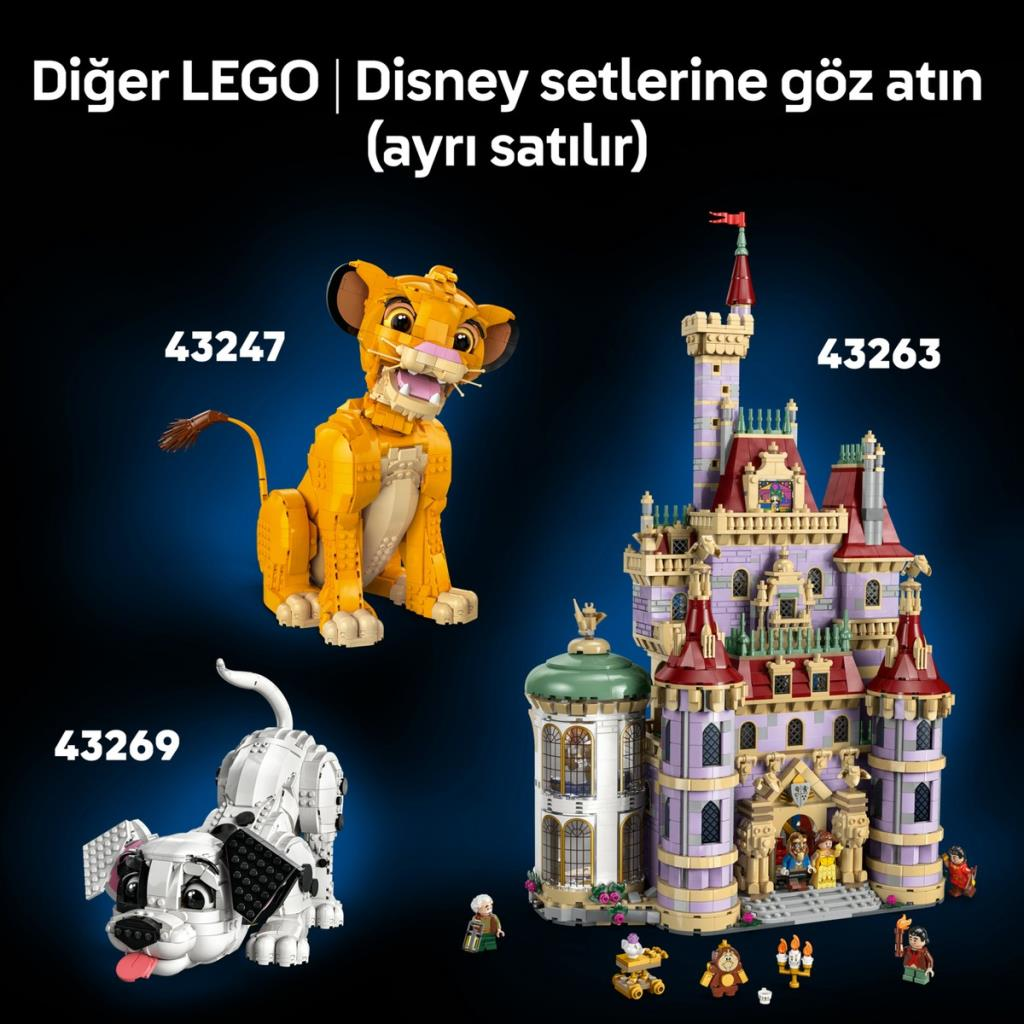 LEGO Simba, şato ve dalmaçyalı köpek koyu arka planda.
