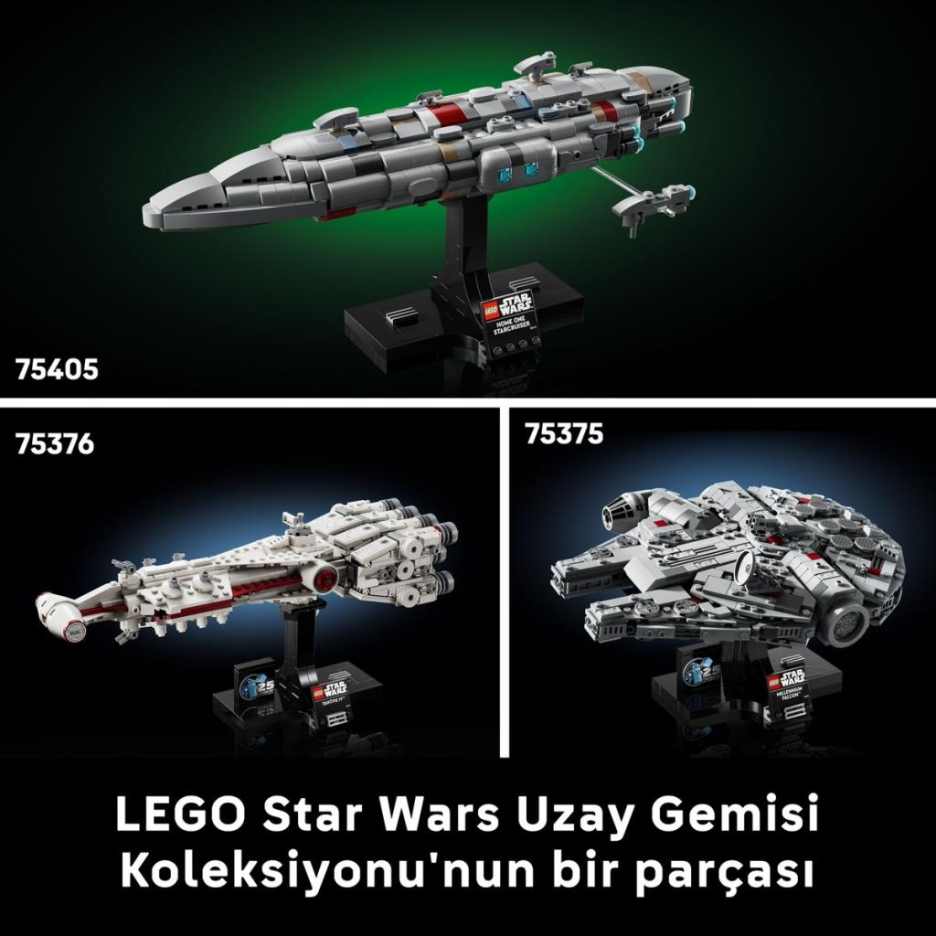 Üç LEGO Star Wars uzay gemisi: gri bir Home One Star Cruiser, beyaz bir Tantive IV ve gri bir Millennium Falcon, siyah stantlarda.
