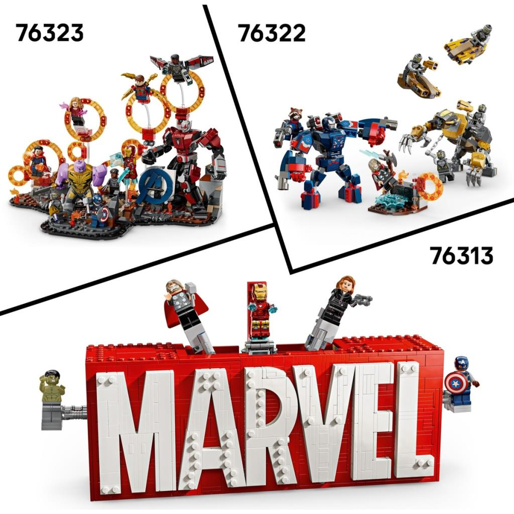 LEGO Marvel Setleri: Thanos savaşı, mech kavgası ve figürlü Marvel logosu.
