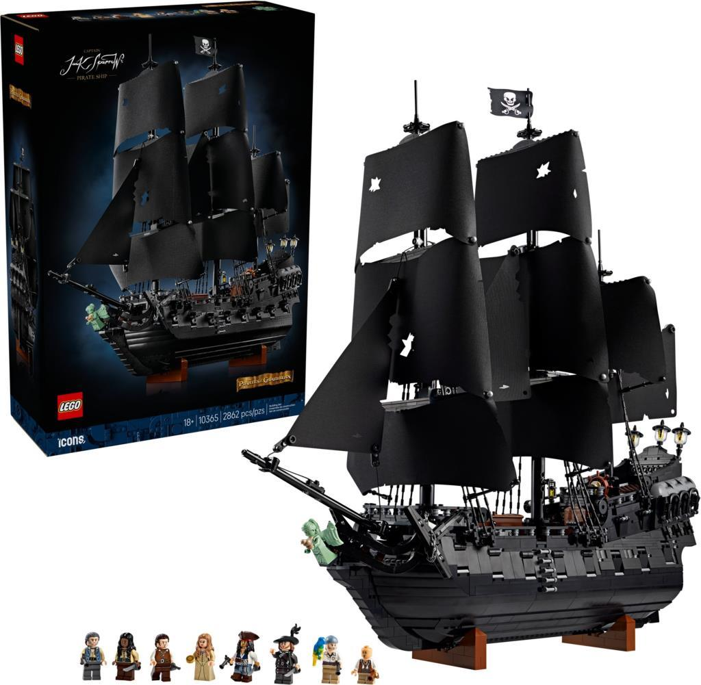 Model statku pirackiego Lego Icons Black Seas Barracuda z 7 minifigurkami i pudełkiem.
