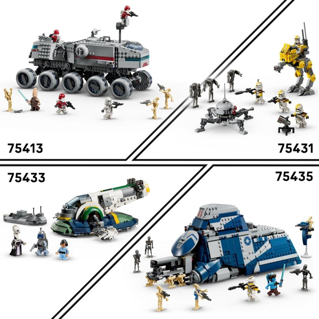 Figür ve araçlı dört Star Wars Lego seti. Setler 75413, 75431, 75433, 75435.