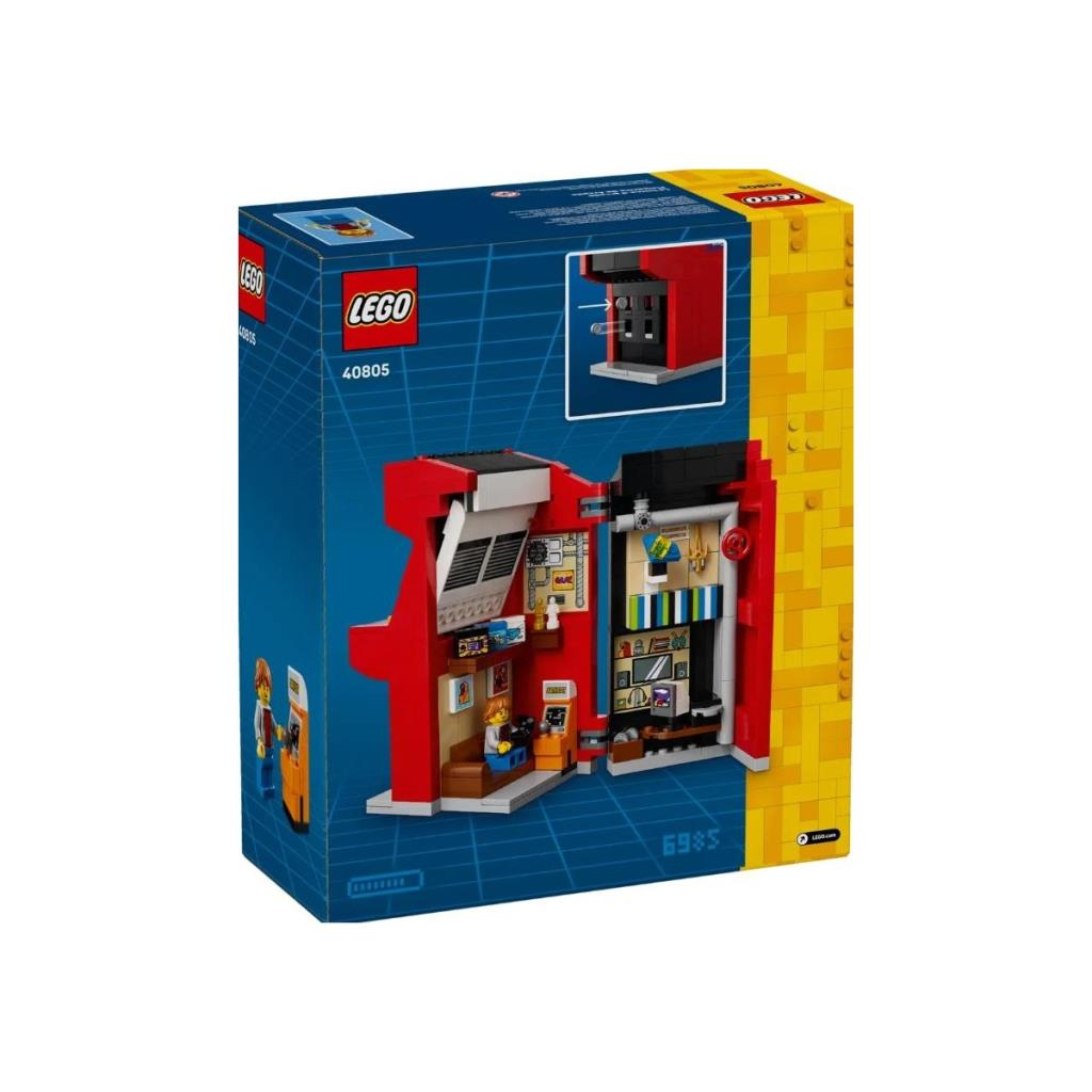 Lego 40805 set kutusu, iç detayları ve figürleri olan kırmızı atari makinesini gösteriyor.