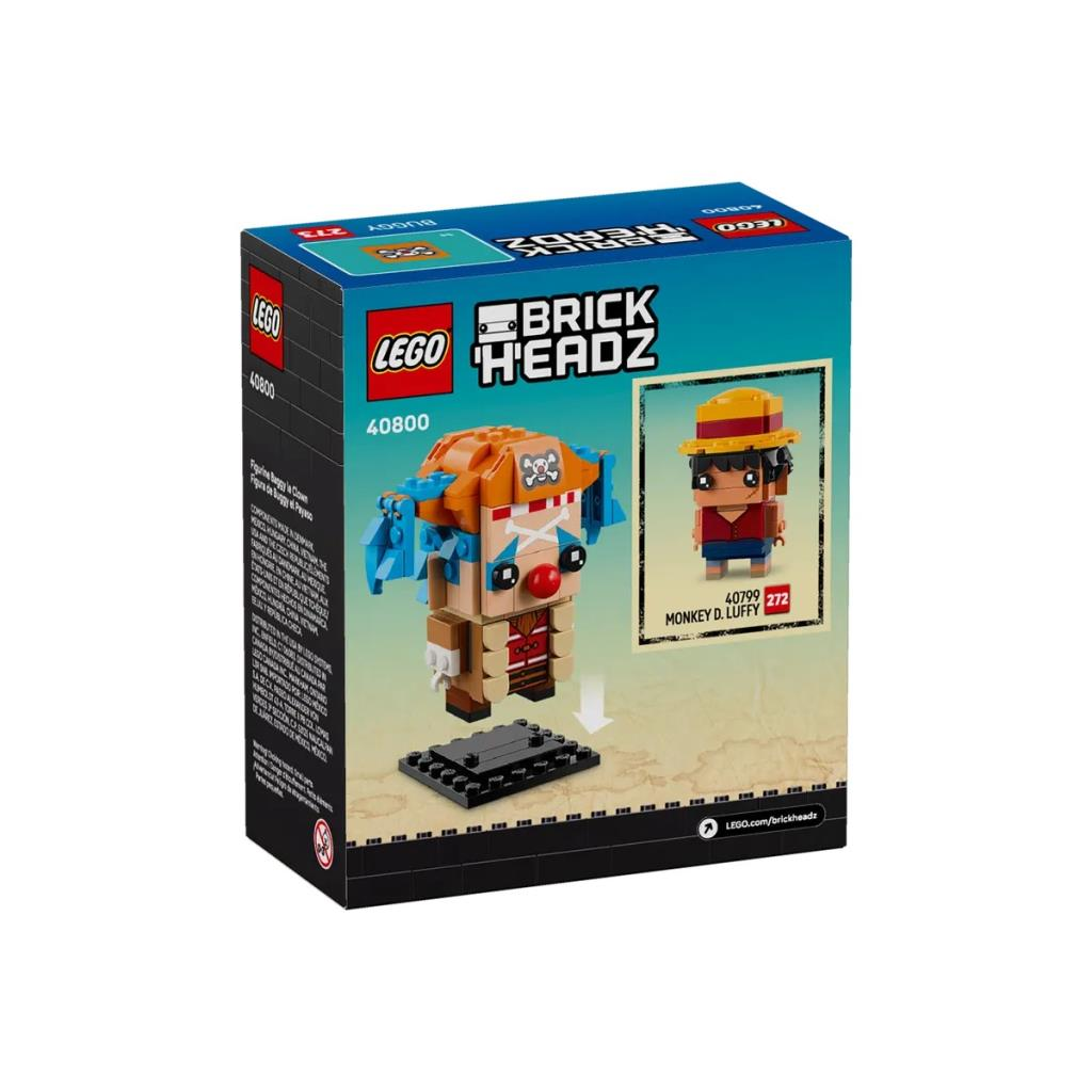 One Piece'ten Buggy ve Monkey D. Luffy figürlü LEGO BrickHeadz kutusu.
