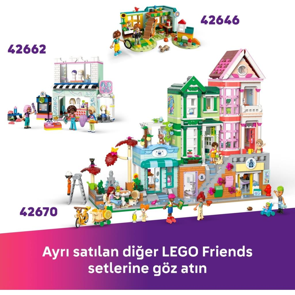 LEGO Friends oyuncak setleri: Kuaför salonu, kafe ve renkli binalar.
