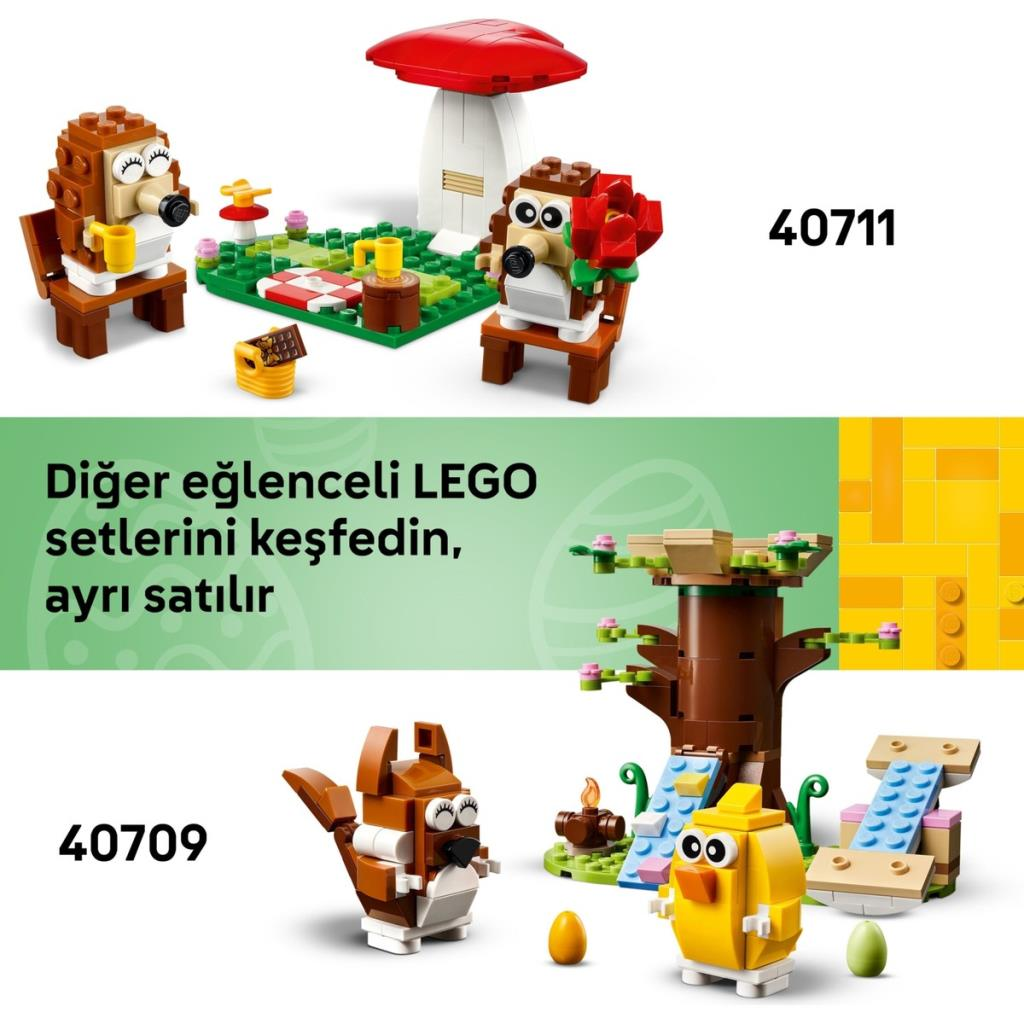 Mantar evli LEGO kirpi piknik seti; Ağaçlı LEGO kuş ve sincap seti.