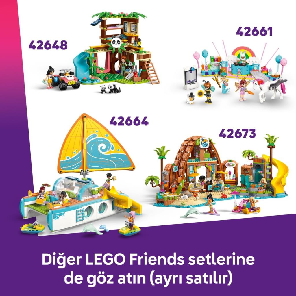Dört LEGO Friends seti: ağaç ev, dondurmacı, katamaran ve sahil evi.