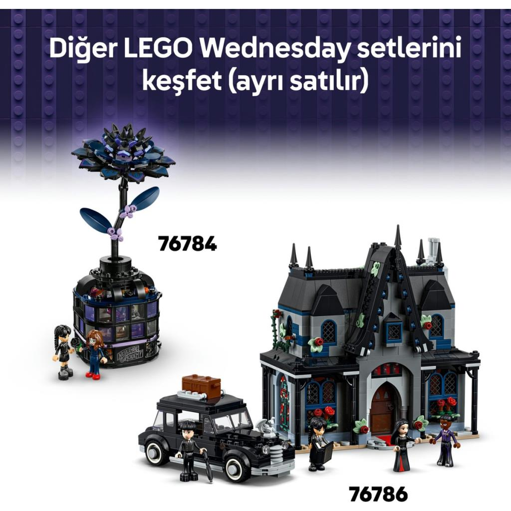 LEGO Wednesday setleri: siyah araba, vazoda çiçek ve ev.