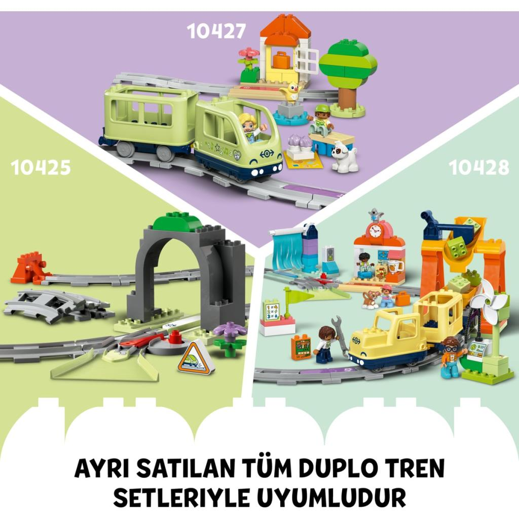 Lego Duplo trenler: yeşil tren, harabe, atölyeli sarı tren.