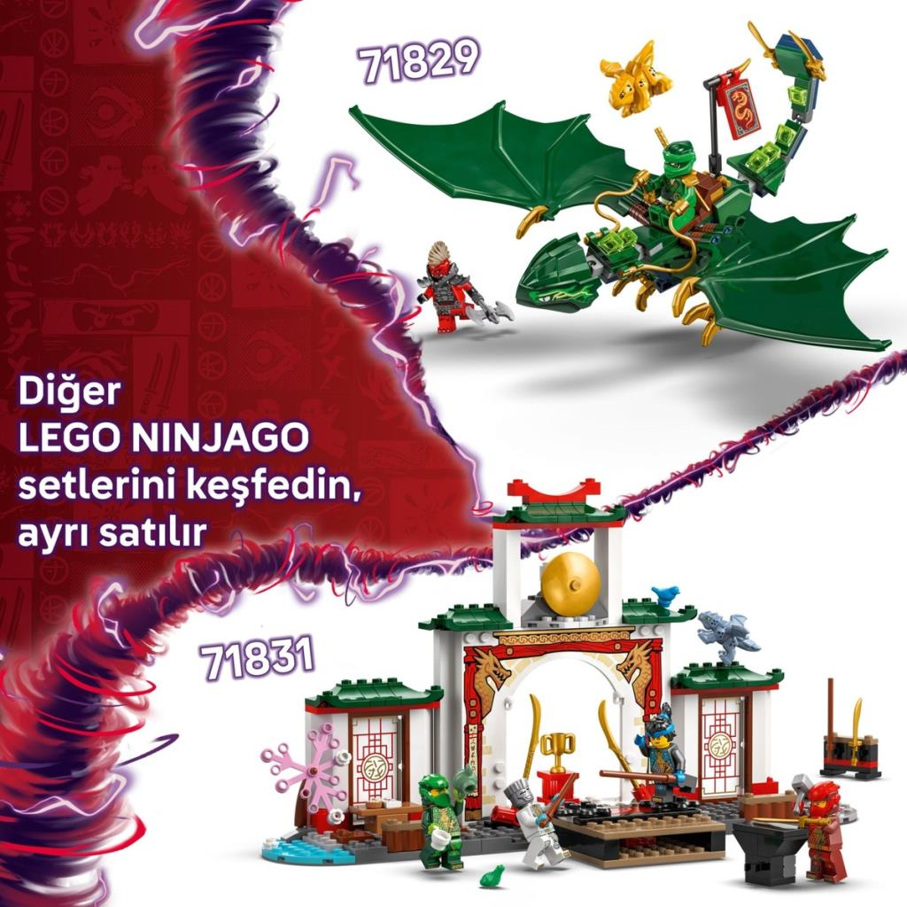 İki LEGO Ninjago seti: binicili yeşil ejderha ve ninjalarla tapınak.