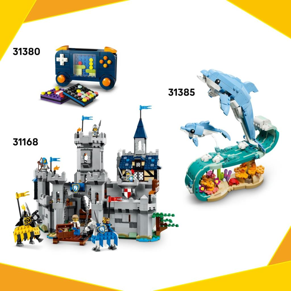 Beyaz bir arka planda üç LEGO seti gösteriliyor: mavi bir el oyun konsolu, gri bir ortaçağ kalesi ve bir dalga üzerinde iki mavi yunus.