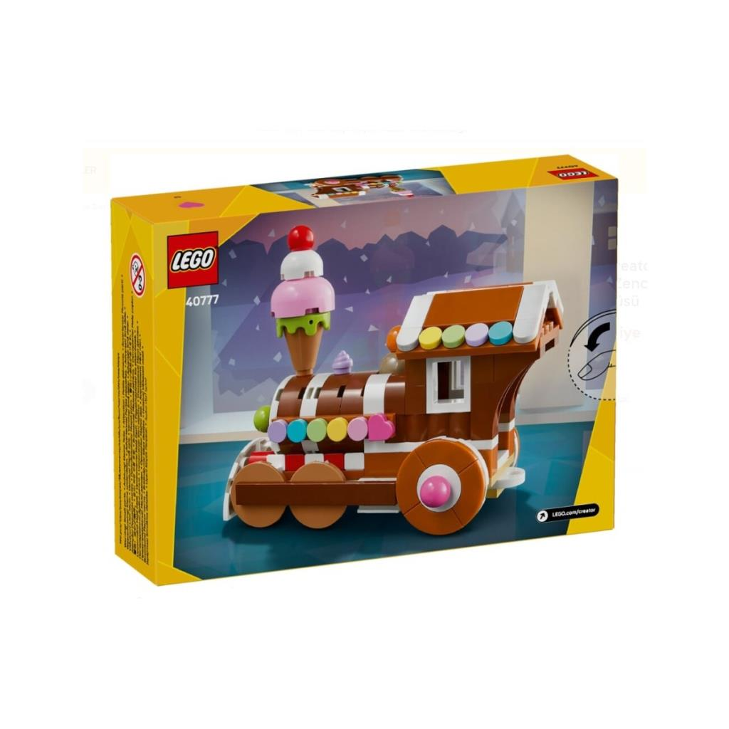 Un trenino Lego marrone a tema gelato con bottoni colorati sulla scatola.