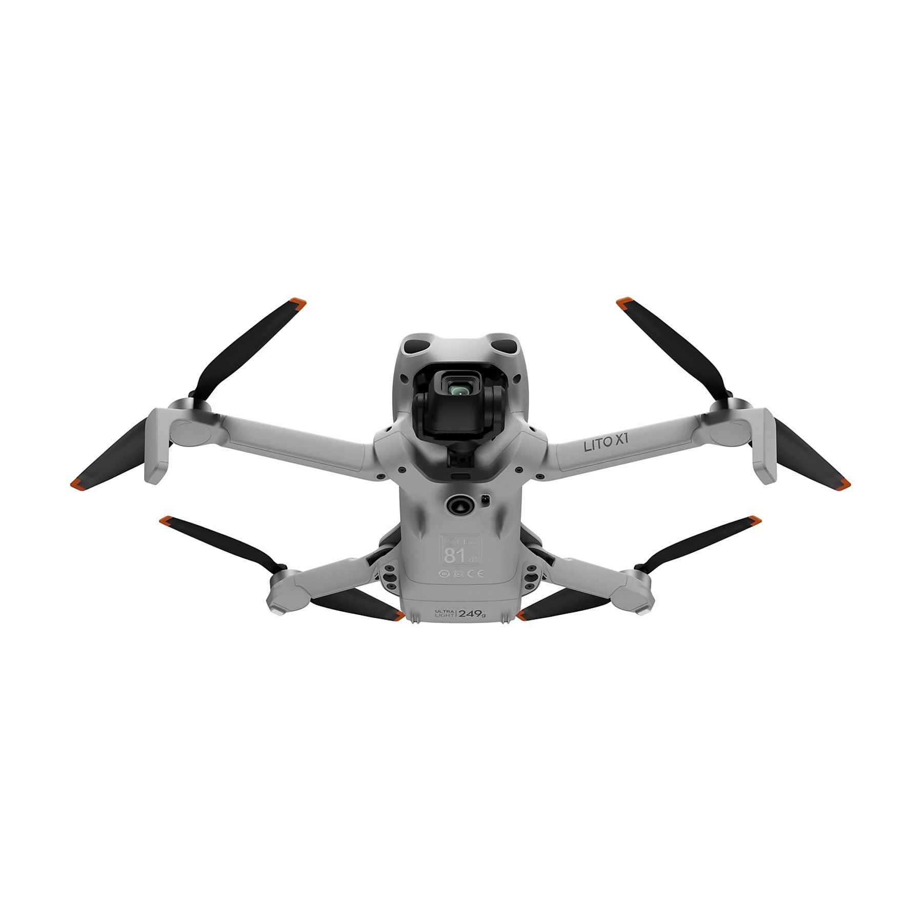Drone grigio con quattro eliche nere con punte arancioni. Sfondo bianco.